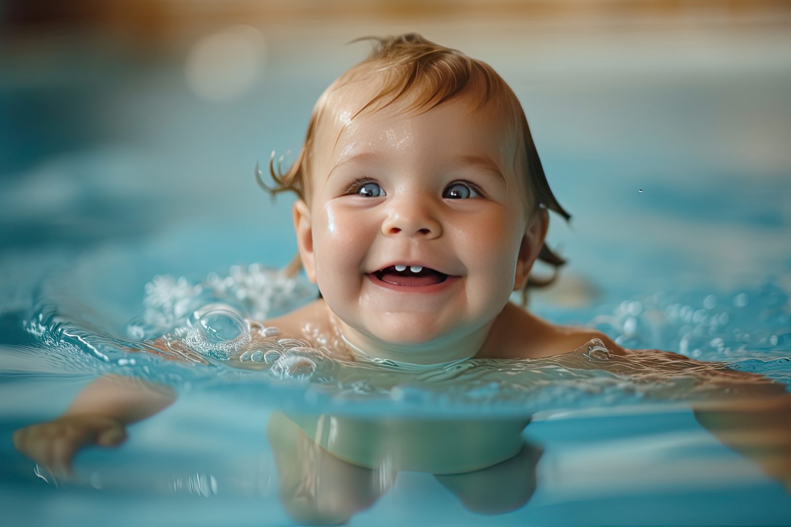 Babyschwimmen in Hamburg – glückliches Baby im Wasser lernt spielerisch Schwimmen