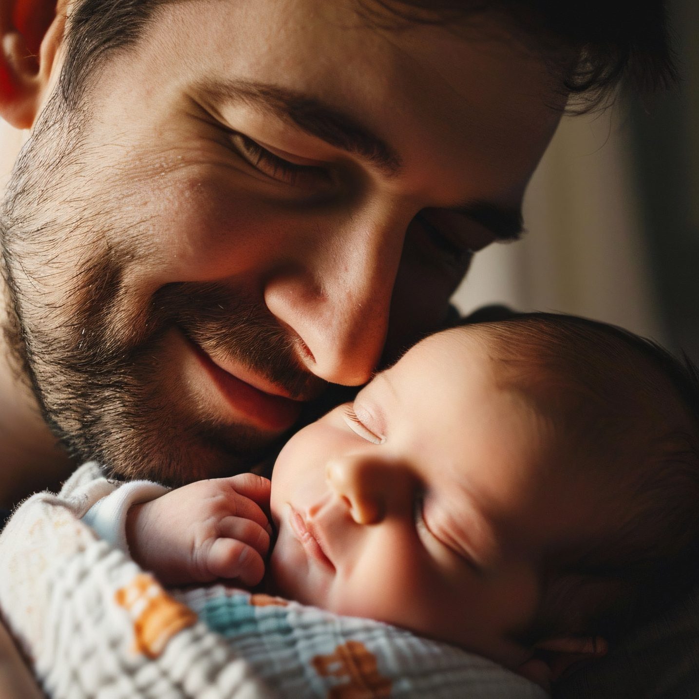 Junger Vater umarmt liebevoll sein schlafendes Baby – inniger Moment voller Elternliebe
